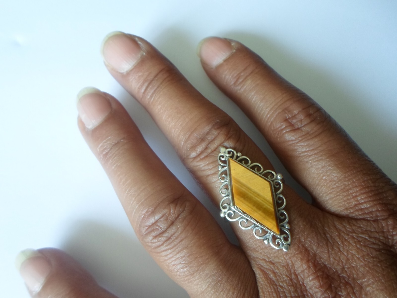 solid silver ring, tiger eye triangle, openwork o… - image 2