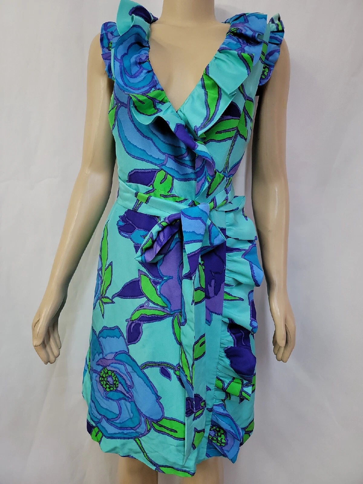 ABITO KATE SPADE AUBREY AVVOLGENTE 100% SETA CONCHIGLIA STAMPA FLOREALE FIORI BLU #C