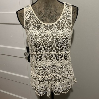 Phase One White Cotton Scalloped Crochet Lace Tank Top