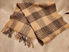 Beige  Brown Plaid Lambs Wool Scarf Made In Scotland Excellent Condition