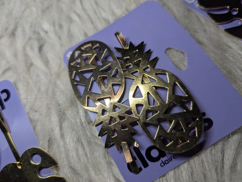 LOTE DE 3 pasadores pinza de pelo hoja de piña de metal dorado CLAIRE'S Foto 3 de 4