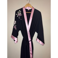Oscar de la Renta Pink Label Black Pink Floral Embroidered Kimono Robe L/XL