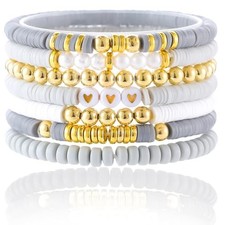 Friendship Bracelets Trendy Heishi Clay Bead Bracelets Stack Gold Beaded Grey