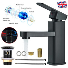 Black Cloakroom Basin Sink Mixer Tap Waterfall Mono Bathroom Tap Fixings + Waste