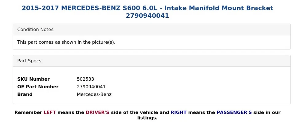 Mercedes-Benz S600 2015-2017 6,0 L - Soporte de montaje del colector de admisión 2790940041 Foto 3 de 4