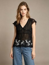 NWOT Women Black Embroidery Flowers Floral Silk Tops Size M