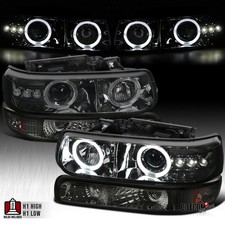 Fit 99-02 Silverado 00-06 Tahoe LED Halo Projector Headlights+Signal Lamps Smoke