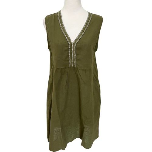 Terzo Millennio Italy Women S Olive Green Cotton Dress Beachy Casual V Neck NEW