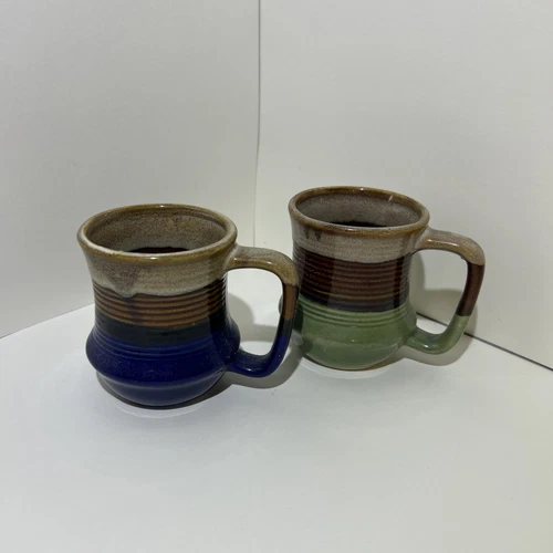 Two  vintage Taiwan brown drip glaze stoneware mugs blue green brown 10 oz