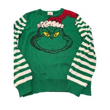 Authentic Grinch Christmas Sweater Green White Striped Long Sleeve Sz. L 14 16