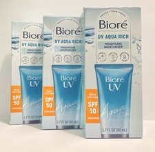 Biore UV Aqua Rich Sunscreen Moisturizer SPF 50 - 1.7 oz- New,Sealed - Pack Of 3
