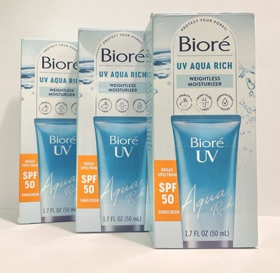 Biore UV Aqua Rich Sunscreen Moisturizer SPF 50 - 1.7 oz- New,Sealed - Pack Of 3