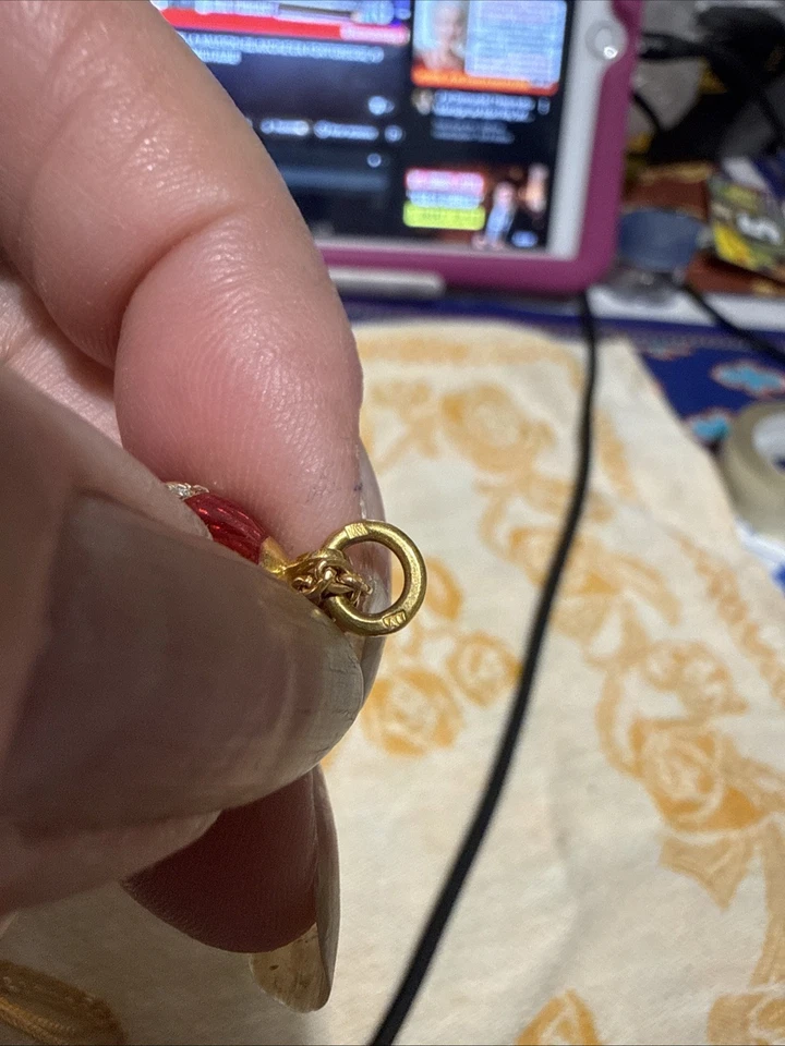 Œuf Pendentif Email Rouge Et Chaîne Plaque Or - Photo 2/4