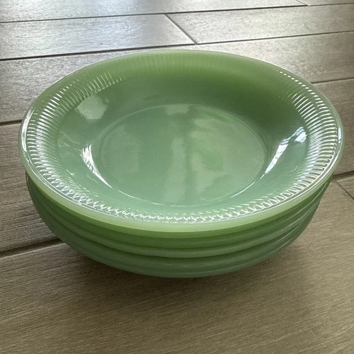 Fire King 7.5" Jane Ray Oatmeal Side Salad Bowl 6 Jadeite Green Glass Ribbed