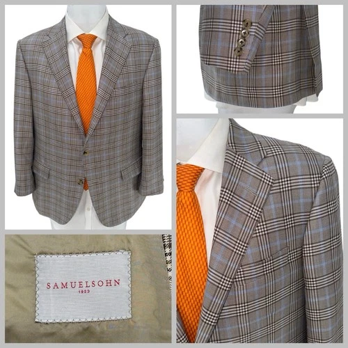 Samuelsohn Blazer SB GARNER 42S Brown Blue Plaid Silk Wool 2B 2V Canada YGI F4-9