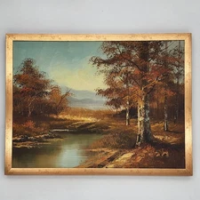 Original Oil Painting Gold Autumn Landscape Birch Trees River Framed Vintage Art