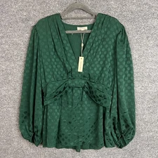 NEW Max Studio Emerald Green Polka Dot Blouse Womens Size L Long Sleeve