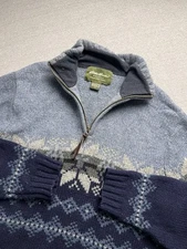 Eddie Bauer Sweater Men’s M Blue Wool 1/4 Zip Ski Pullover Fair Isle Snow Holes