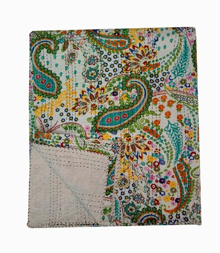 Indian Embroidery Kantha Quilt Bedspread Paisley Throw Cotton White - Picture 1 of 6