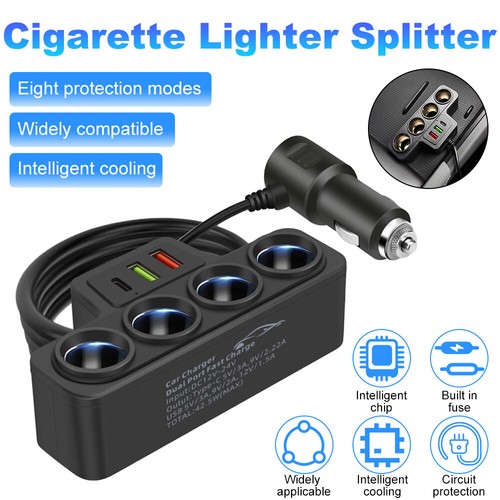 Adaptador de corriente cargador rápido divisor enchufe encendedor de cigarrillos coche 7 en 1 4 vías 12 V