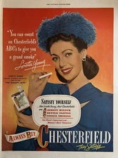 1948 Chesterfield Cigarettes Loretta Young Actress They Satisfy Vintage Print Ad