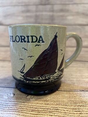 VTG Stoneware Florida State Souvenir Coffee Mug Sailboats G F Japan Tan Brown