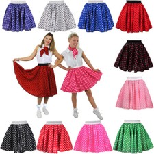 LADIES POLKA DOT SKIRTS 1960S ROCK N ROLL COSTUME LONG SHORT ADULTS FANCY DRESS