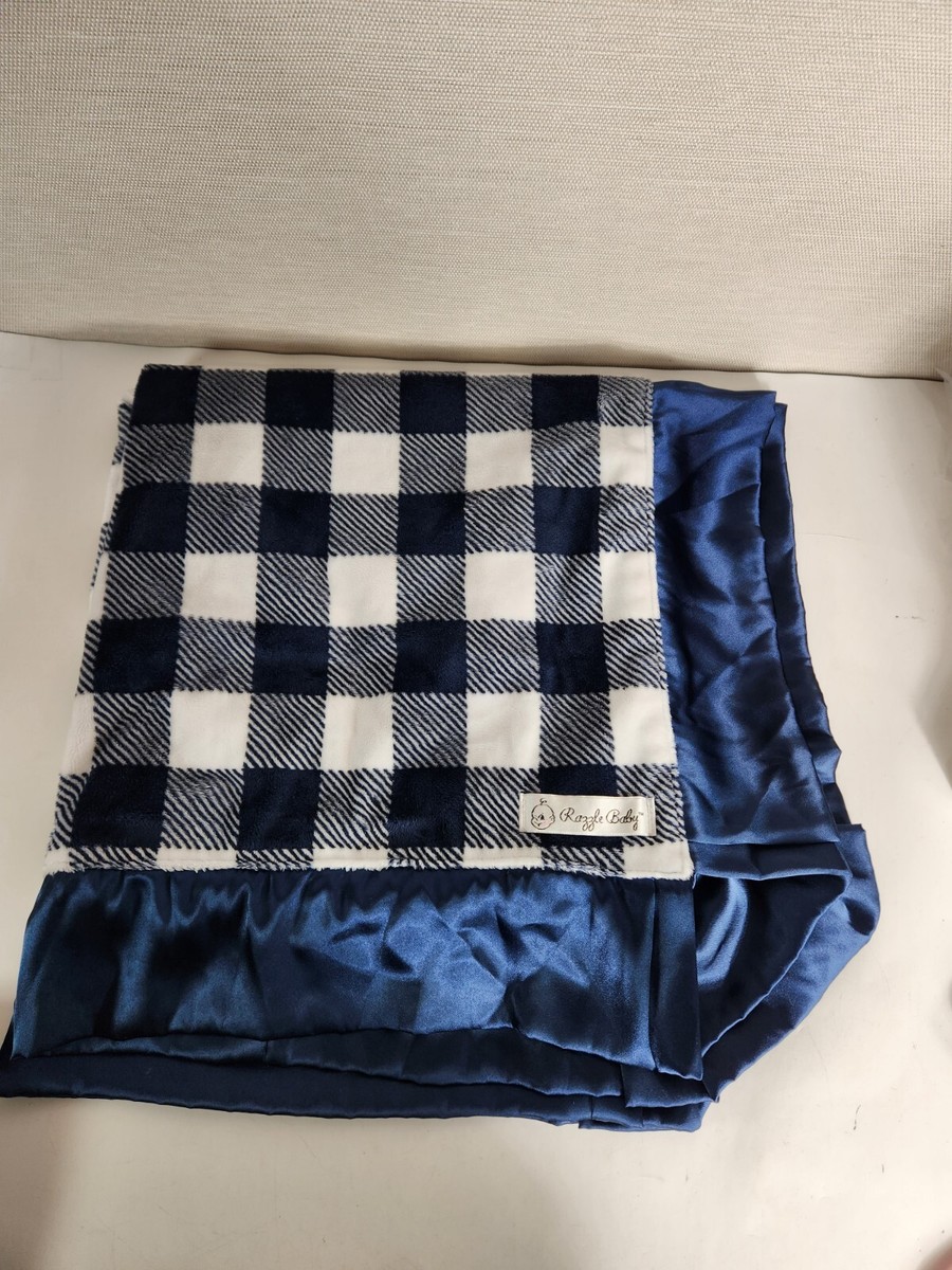 Razzle Baby Blanket Navy Blue White Plaid Satin Ruffle Trim Gray