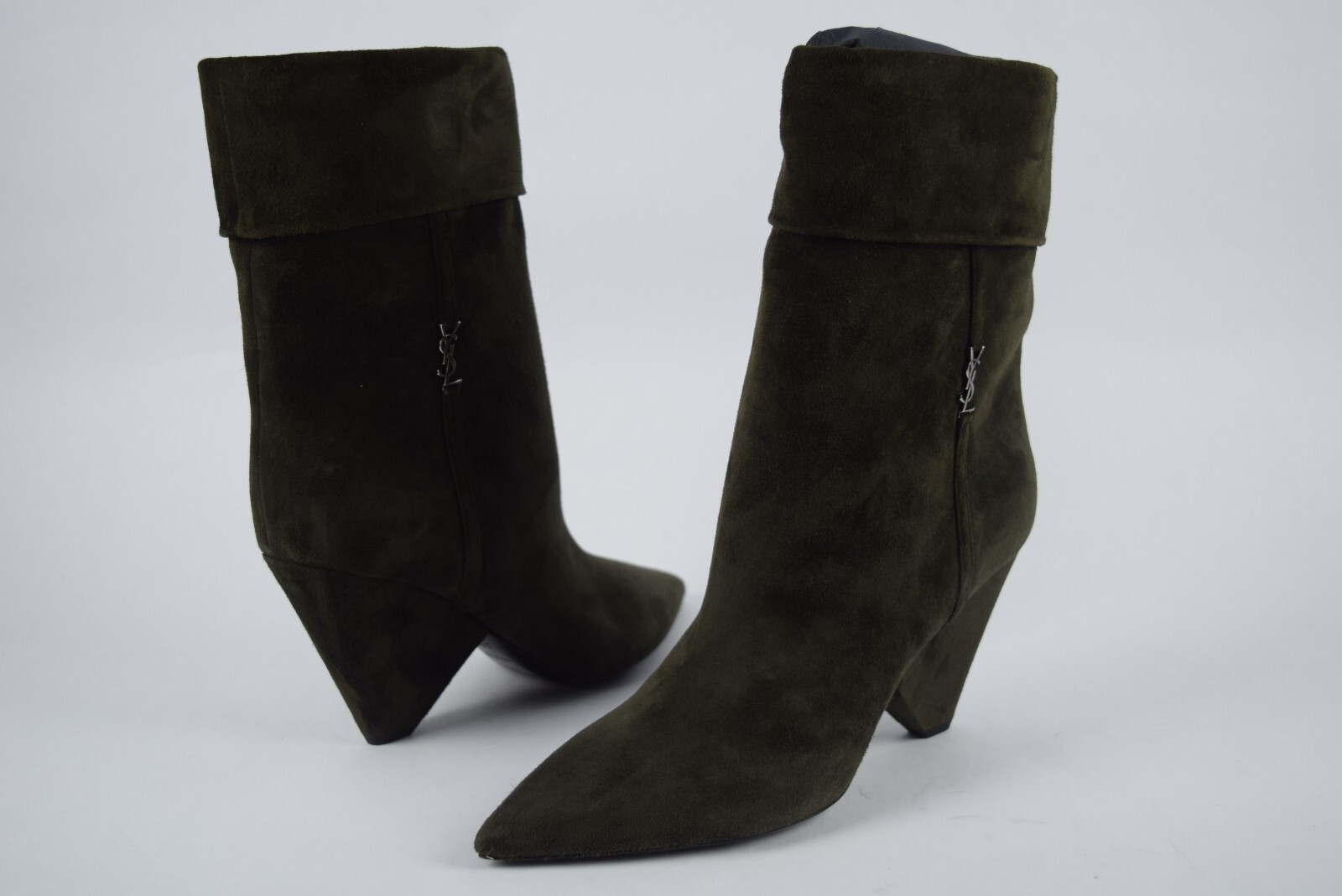 Nuovo con scatola! YSL Saint Laurent Liz 85 Luxor stivali al polpaccio medio pelle scamosciata 38 5 marroni tabacco