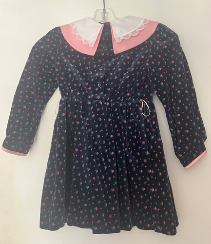 Bonnie Jean 100% Cotton Dress Navy Corduroy Pink Roses Lace Collard Sz 6 US Made - Picture 2 of 5