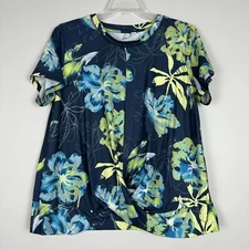 Live Well Active Top Womens Size L Blue Floral Short Sleeve Hem Twist EUC