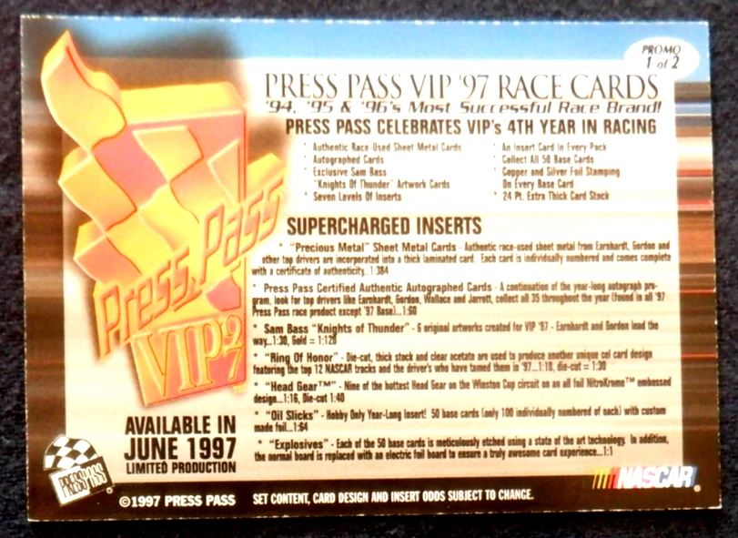 Dale Jarrett race card #1 of 1 promo Press Pass VIP, 1997 - Image 2 of 4