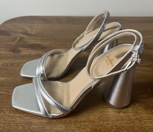 Sam Edelman flüssigsilberne Kia formelle Blockabsatz Knöchelriemen-Sandalen Größe 7M - Bild 2 von 8