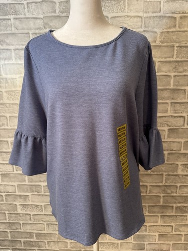 Adrianna Papell NEW M Heather Chambray Jersey Knit 3/4 Bell SLV Pullover Top