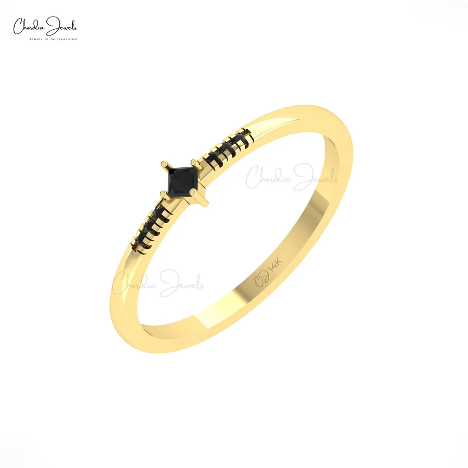 Anillo de compromiso cuadrado de diamantes negros de corte princesa de 2 mm de oro puro de 14 k para mujer Foto 4 de 4