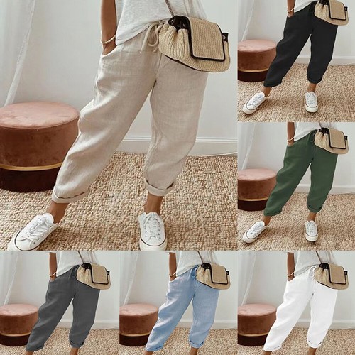 Women's Summer Drawstring Waist Wide Leg Pocket Trousers Loose Palazzo Pants US