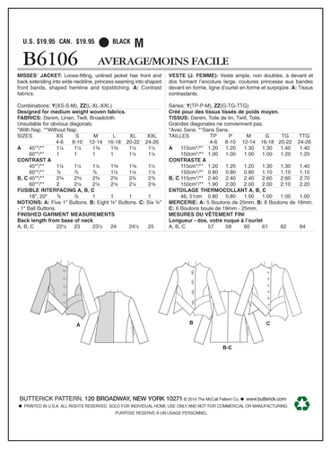 Butterick SEWING PATTERN B6106 Misses Jacket Sizes XS-M Or L-XXL - Picture 10 of 10