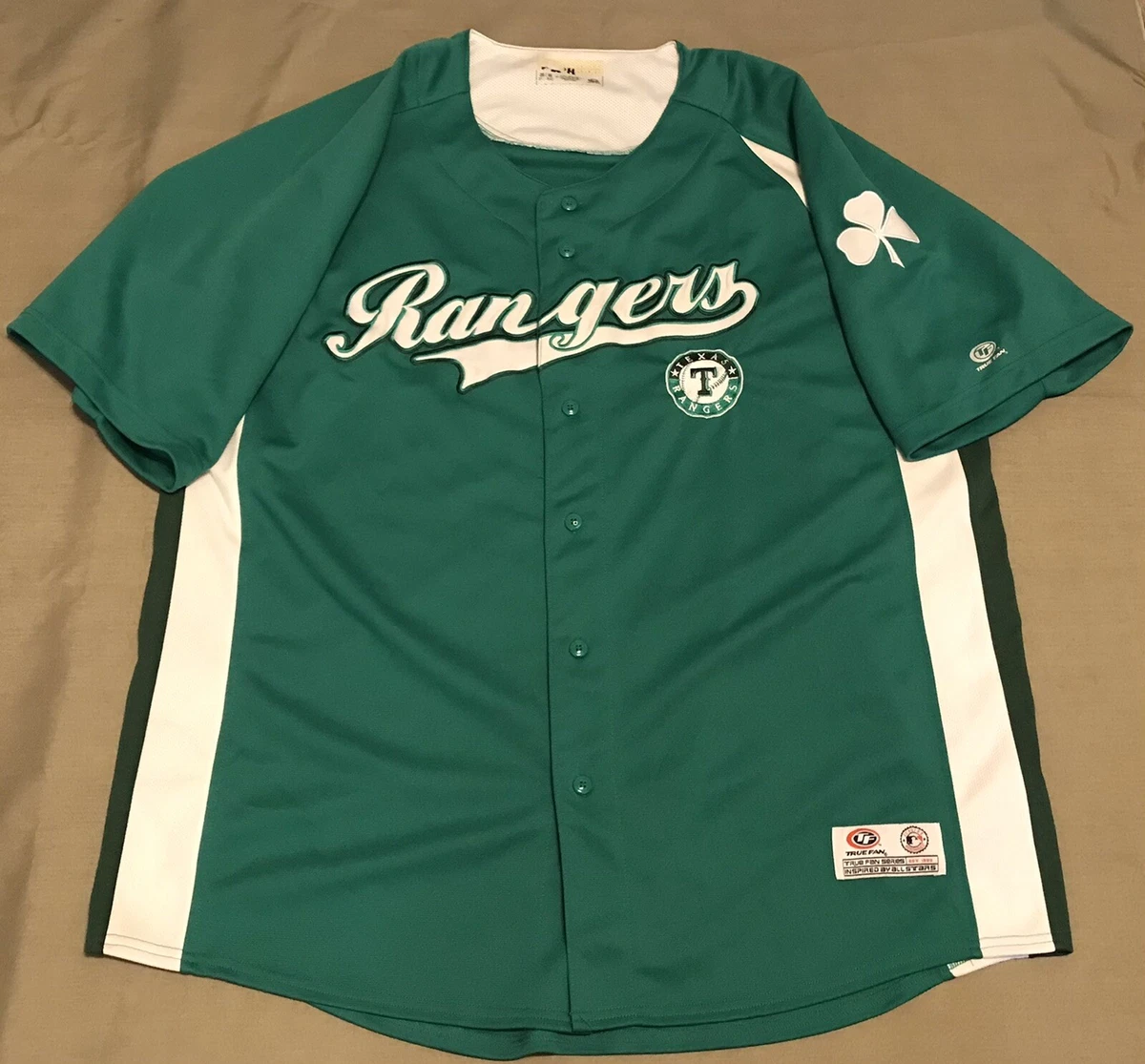 Mens TX Rangers Green Jersey MLB Baseball Irish Clover St Patrick’s Day Sz  2XL