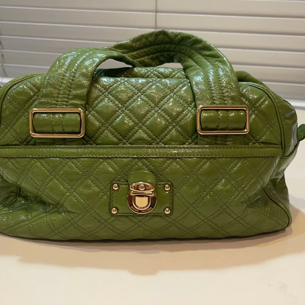 Marc Jacobs Womens Green Gold Accents Quilted Bowler Patent