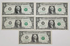 LOT OF 5 "E" SEAL STAR NOTES MIXED YEARS 1995 '99 '03 '13 '17 $1 US DOLLAR BILLS