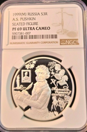 1999 RUSSIA SILVER 3 ROUBLES A.S. PUSHKIN SEATED FIGURE NGC PF 69 ULTRA CAMEO - Picture 4 of 4