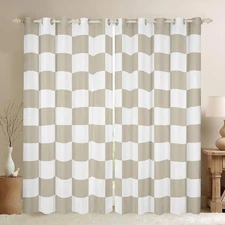 Checkered Window Curtains for Bedroom Teen Beige Plaid Window Drapes Treatmen...