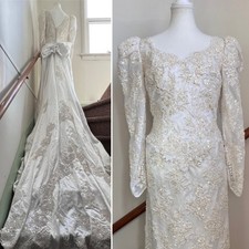 Vintage 80s Wedding Gown Dress White Lace Sequin Pearl Puff Shoulder Sleeve