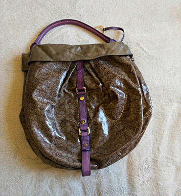 Marc by Marc Jacobs Patent Logo Print Hobo Shoulder Bag Olive Purple Leather