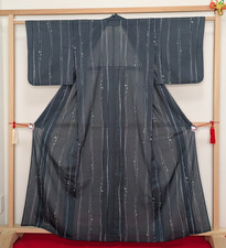 Japanese Summer Kimono Polyester Gray Green Stripes Petals Washable Usumono