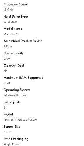 MSI Thin 15 15.6" 144Hz i5-12450H, RTX 2050, 8GB DDR4, 512GB SSD, Win 11 Home - Picture 8 of 10