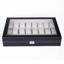 24 Slots Watch Box PU Leather Display Case Organizer Top Glass Storage