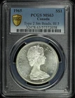 1965 Canada Silver Type 2 Small Beads, Blunt 5 One Dollar KM-64.1 PCGS MS-63