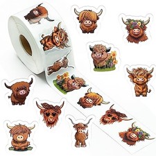 800Pcs Cute Highland Cow Roll Stickers Hyland Cattle Decals
