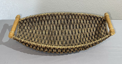 Handmade Boat Shape Iron Frame Basket Wood Handles Bamboo Bread Fruit Woven